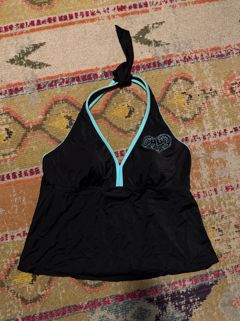 18W Black Halter Tankini Top with Turquoise Trim